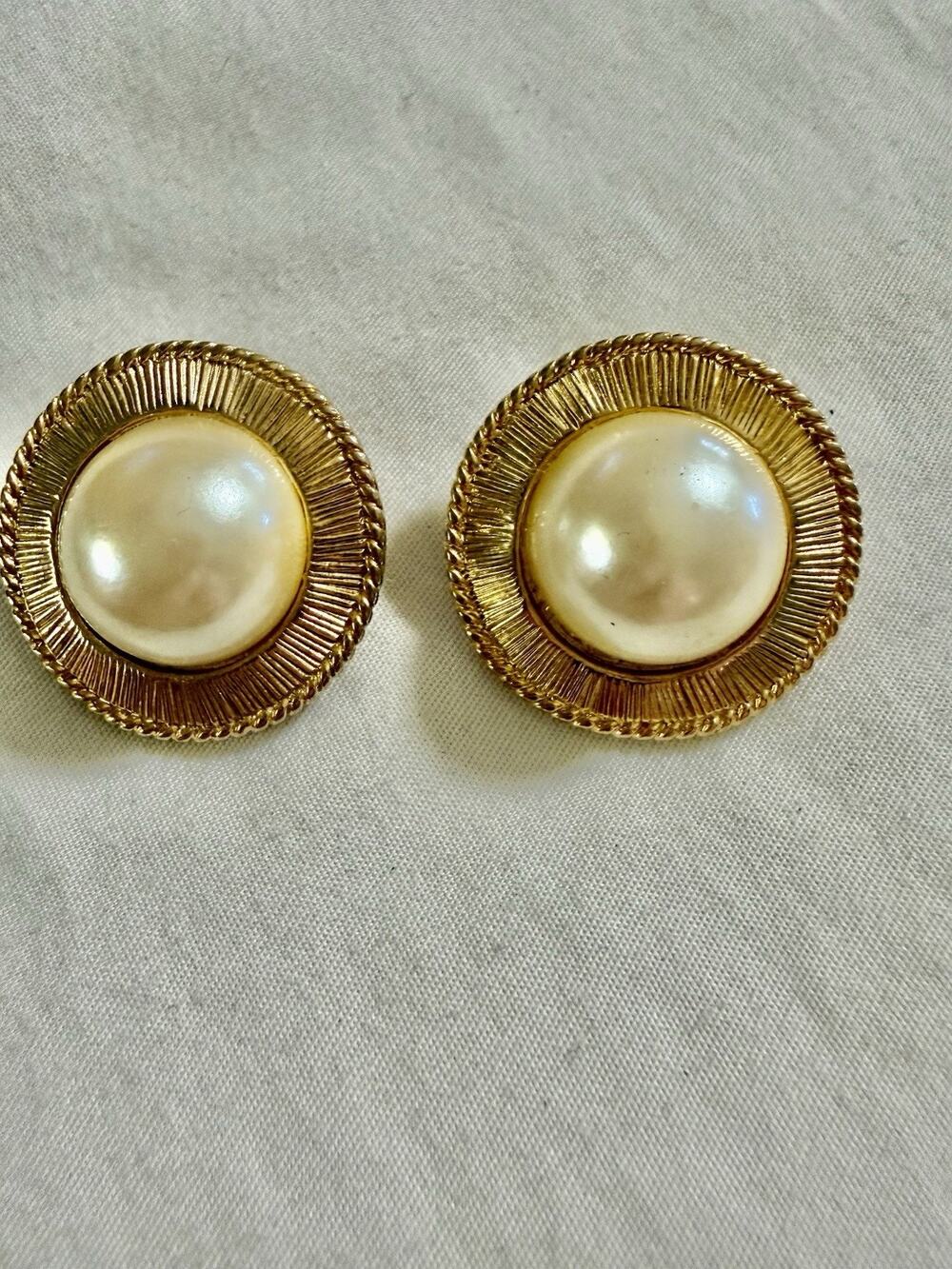 M. Jent Vintage Elegant Gold Tone and Faux Pearl Large Pierced Earrings